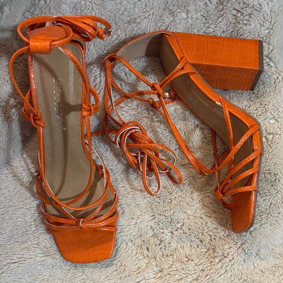 Shoe Dazzle Shoes - Shoedazzle Orange Croc-Embossed Lace-Up Block Heel Sandals-Dimona